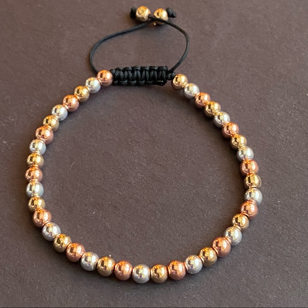 Rose Yellow Gold And Silver Hematite Beaded Bracelet Adjustable Macrame Cord 25$